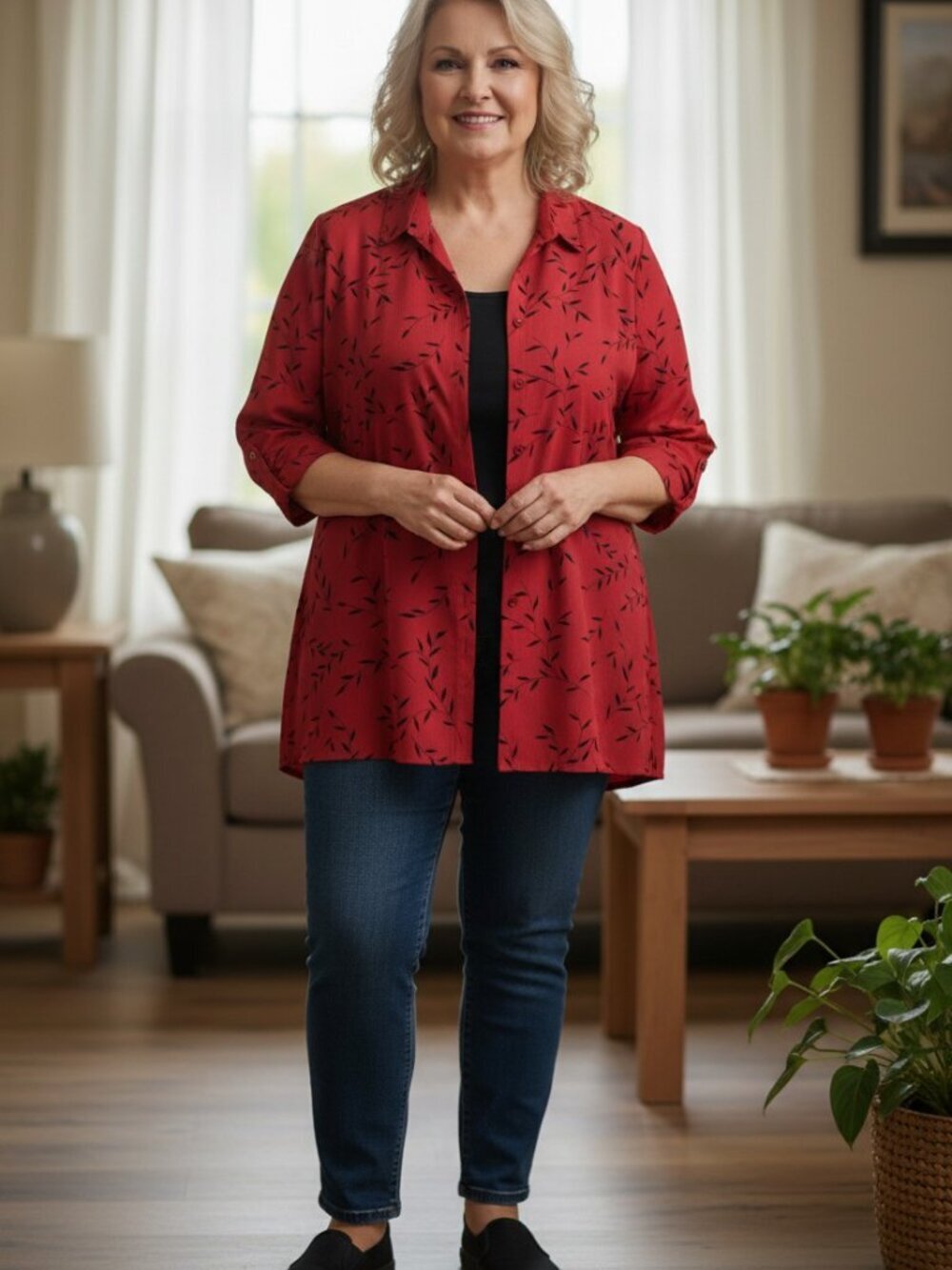 Notations Layered Blouse Red Black Size 1X